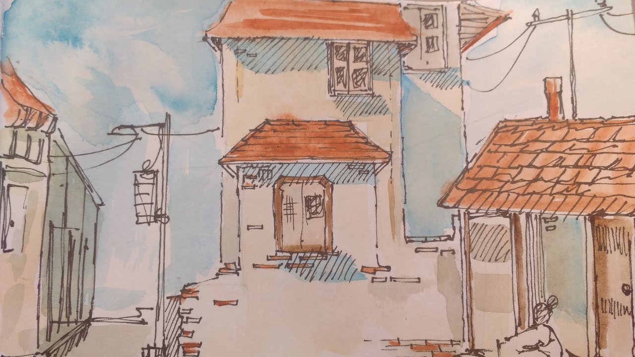 A simple pen and watercolor wash urbansketching for beginners - YouTube