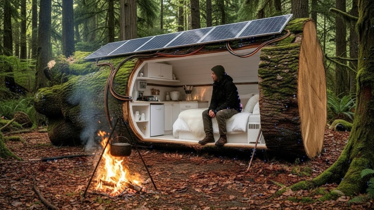 Building a Forest House (ASMR) – A Man Builds a Mini Home Inside a Tree Trunk Alone