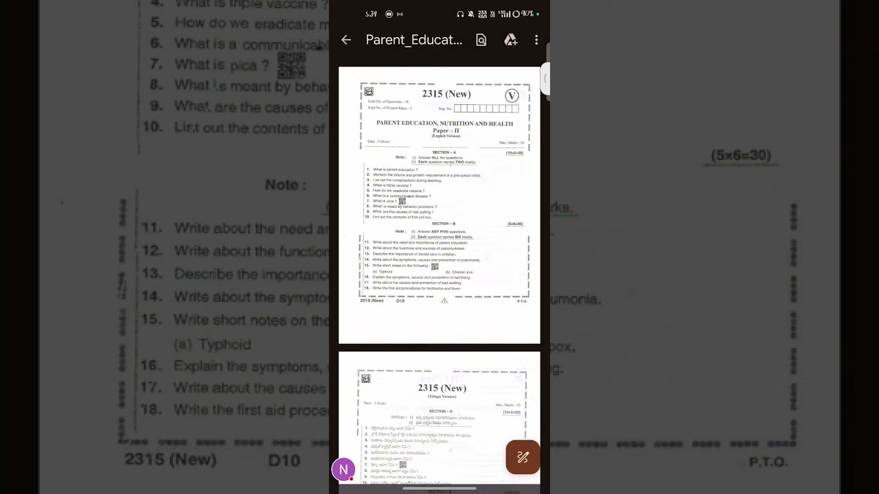 AP INTERMEDIATE 2ND YEAR PARENT EDUCATION, NUTRITION & HEALTH MODEL QUESTION PAPER-2 2024