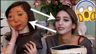 SISTER&#39;S SWAP MAKEUP BAGS CHALLENGE *hilarious* | Nikki Lilly