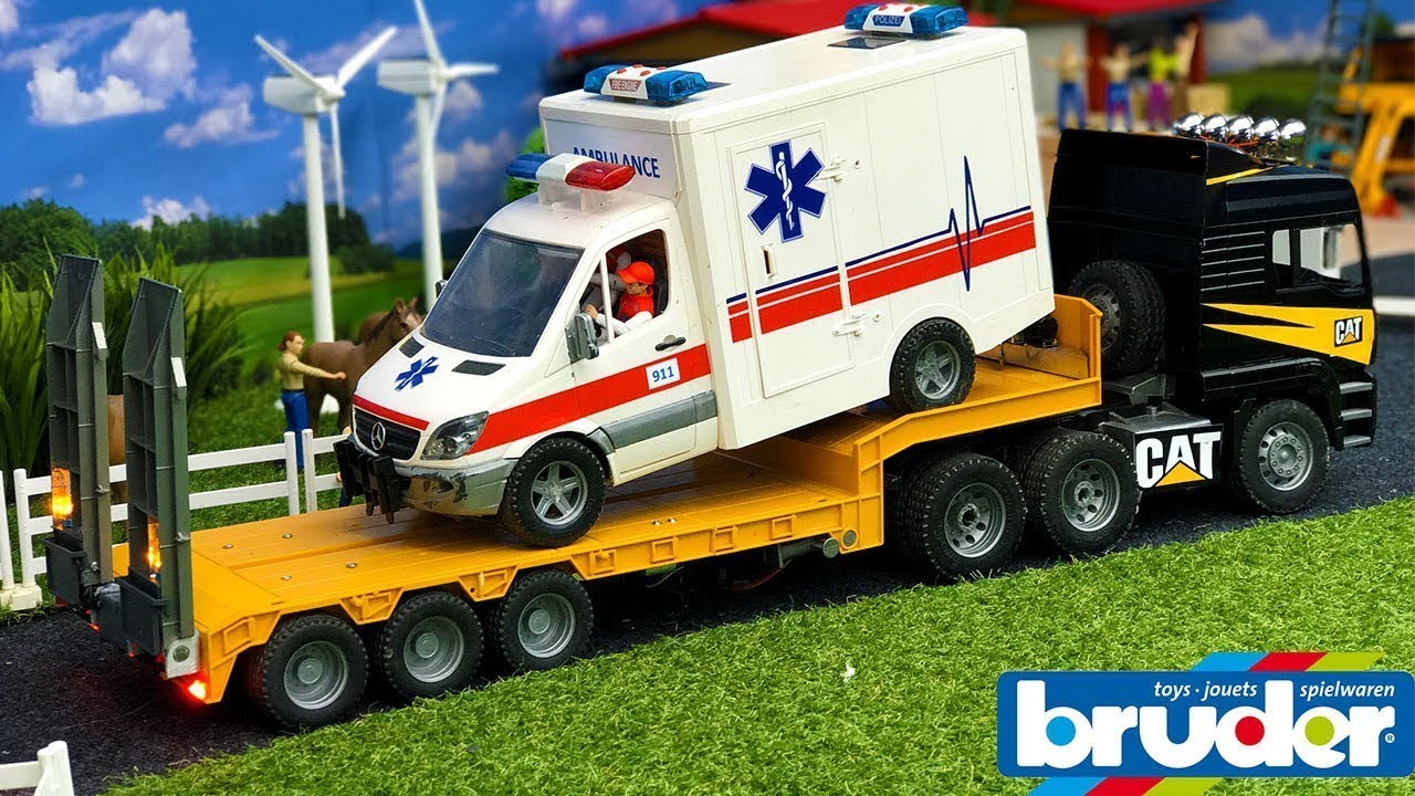 AMBULANCE delivery with CAT truck - BRUDER TOYS in action
