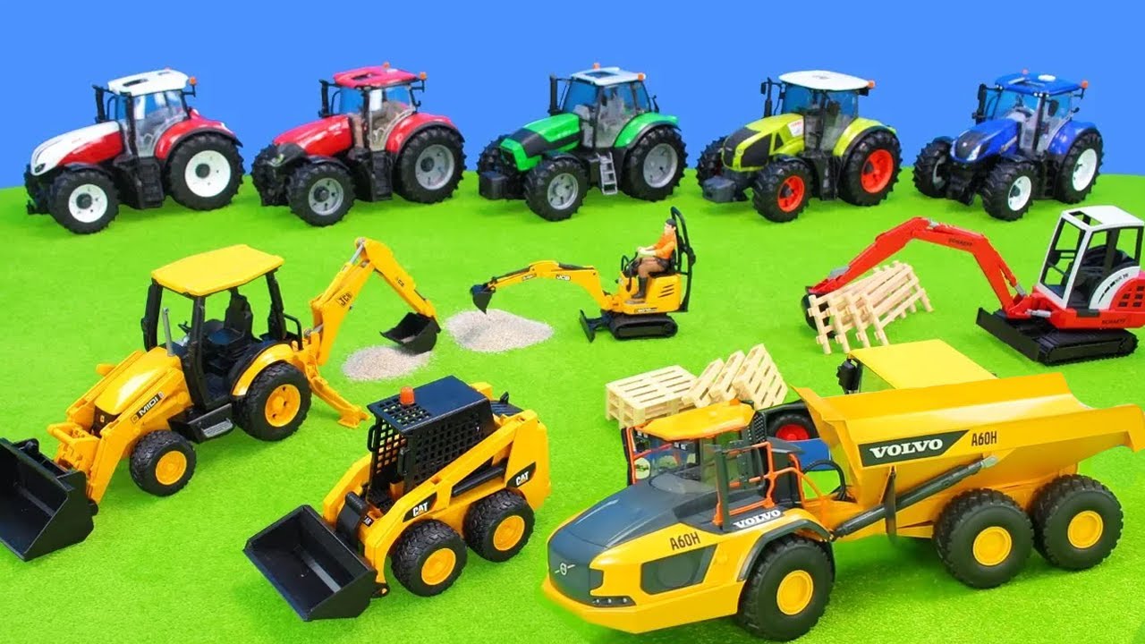 Traktoren und Bagger auf der Baustelle | Schaufelbagger beladen die Lastwagen | 1h Spielzeugvideo