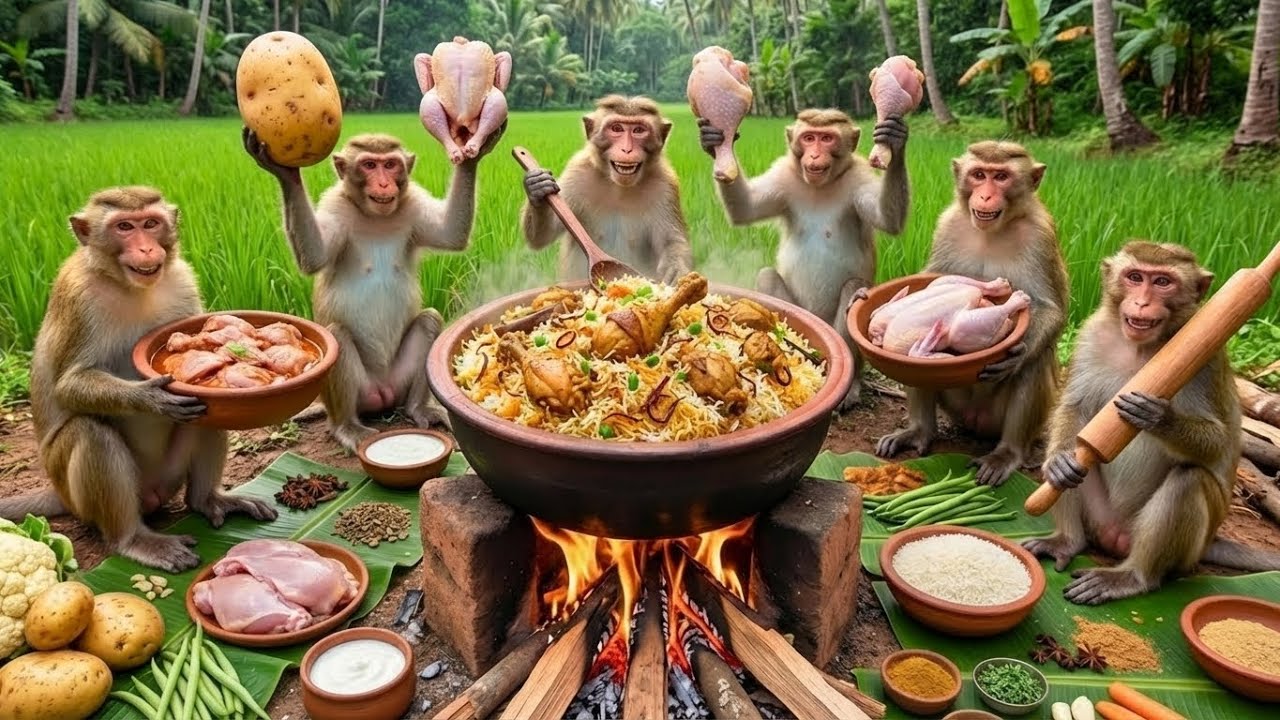 Обезьяны готовят индийский куриный бирьяни в джунглях 😱 | Обезьяна готовит куриный бирьяни 😲 | Пр...