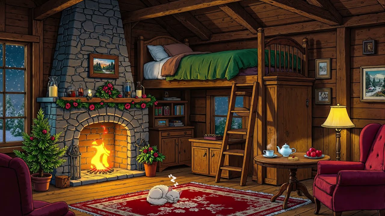 1940s Cozy Christmas Night 🌲 Fireplace & Snowfall | Vintage Ambience with Old Radio Jazz