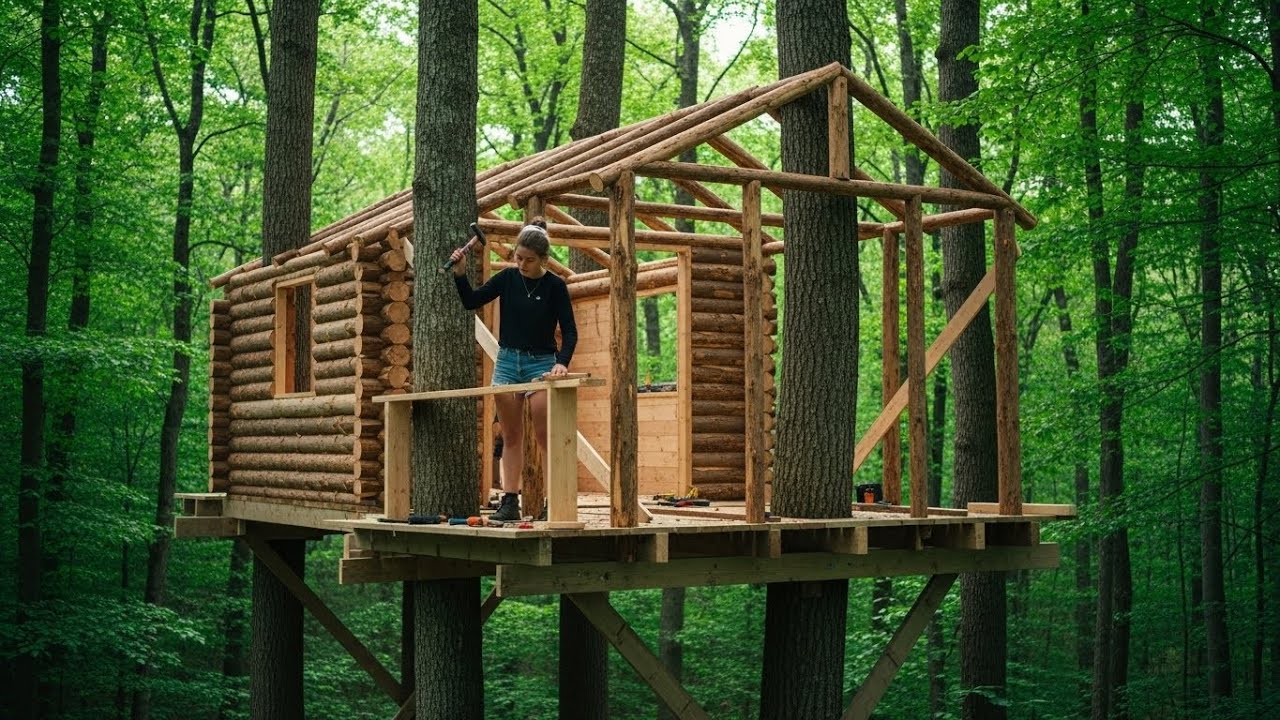 Beautiful Woman Building a Log Treehouse Cabin in the Forest 🌲 ...