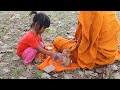 Little Girl Feeds Baby Monkey And Puppy With Milk And Eggs