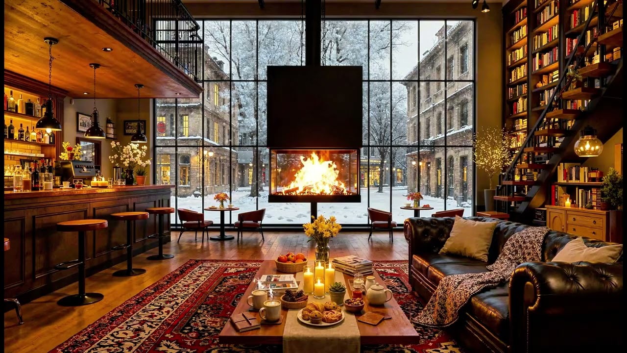 Snowy Night at Cozy Winter Cafe Lounge | ☕ Soft Piano Jazz & Fireplace Sounds for Working, Reading
