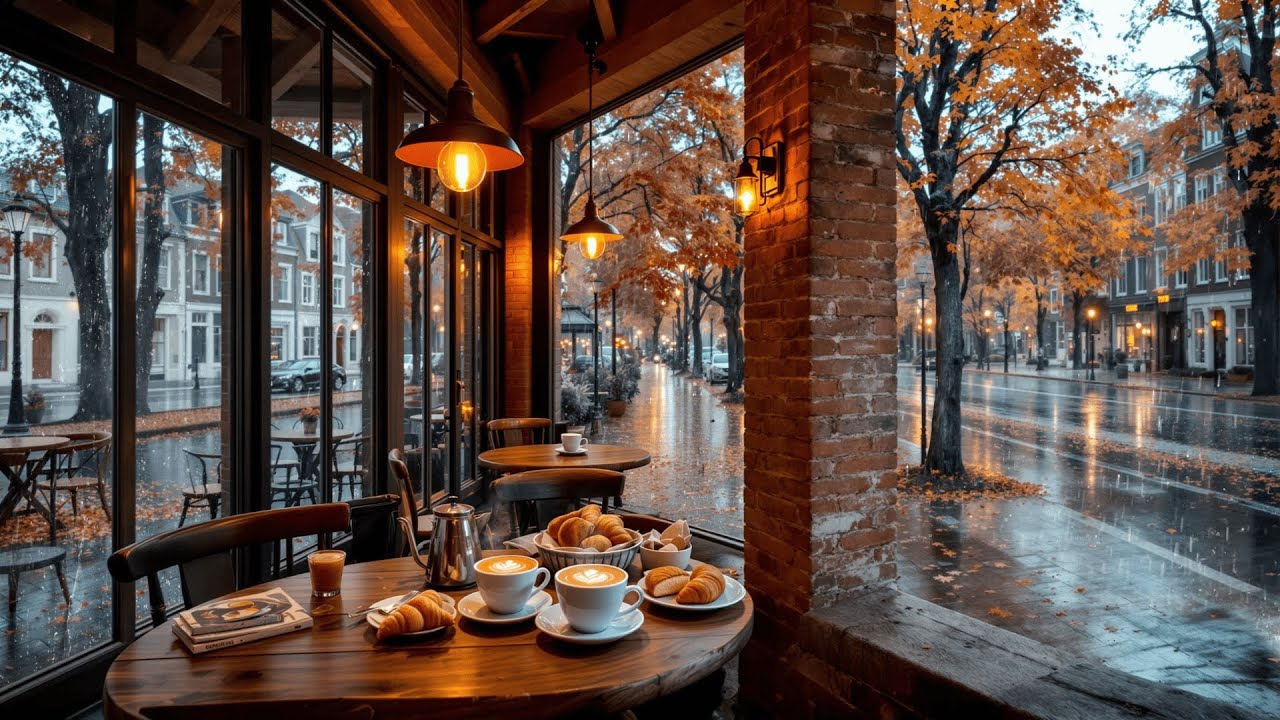 Rainy Autumn Coffee Shop Ambience 💦🍁☕ Smooth Jazz Music & Relaxing Rain ...