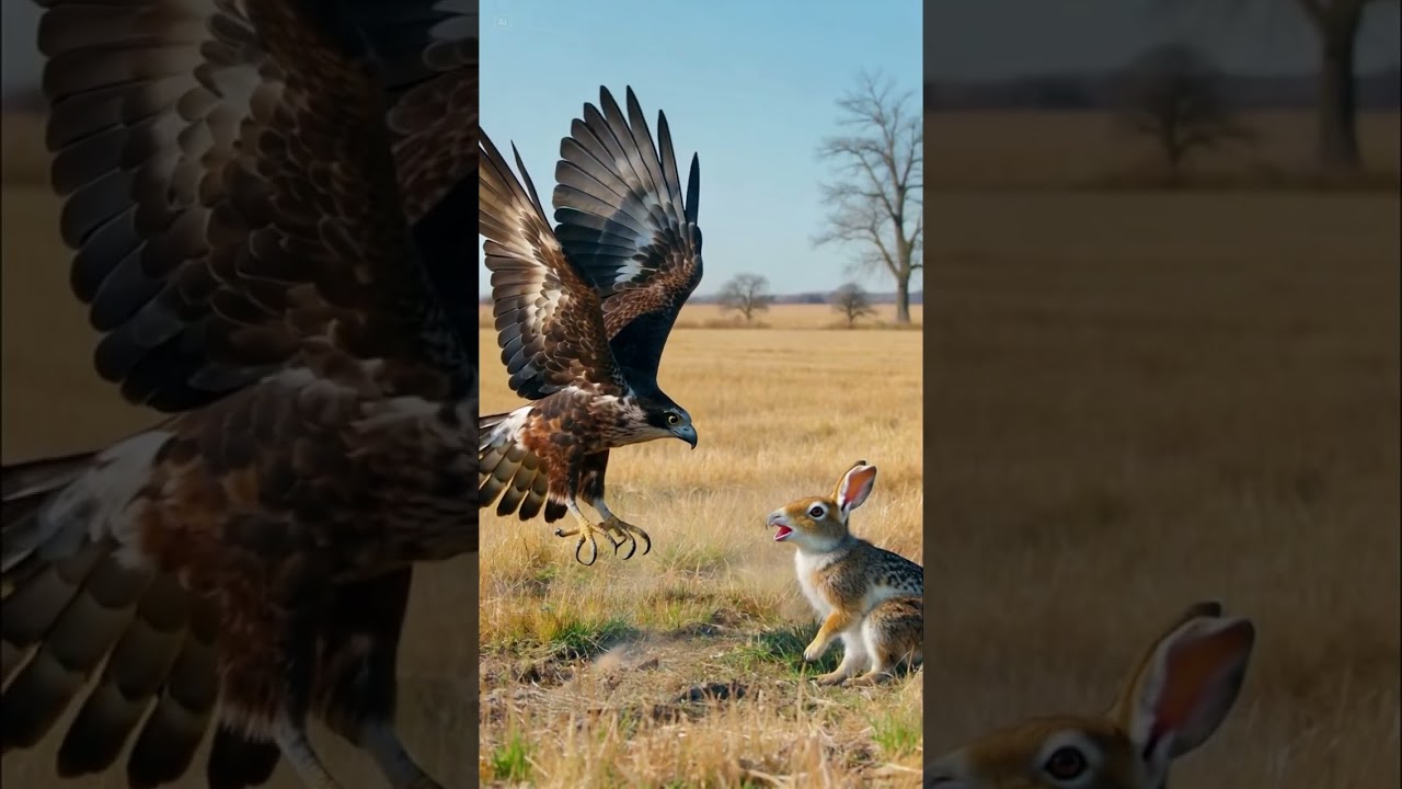 Super-close-up super-slow eagle rabbit hunt.