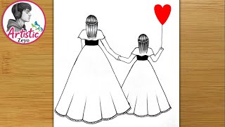Mother and Daughter Drawing/ girl drawing/ pencil sketch/ Friendship day drawing/ art video /bff art