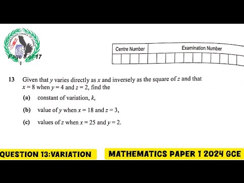 Variation|| Mathematics Paper 1 GCE || Question 13 #exam