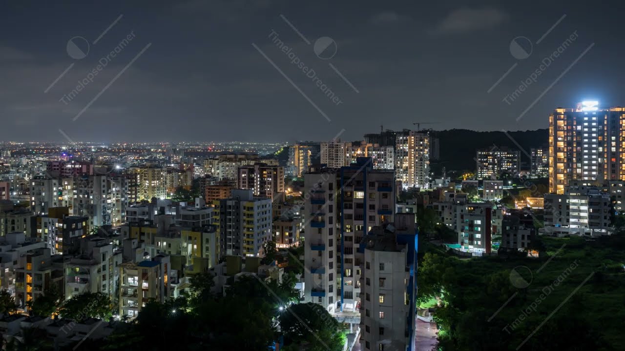 Day to Night Time lapse of City Skyline captured from a Hill, City of Pune, Maharashtra, India