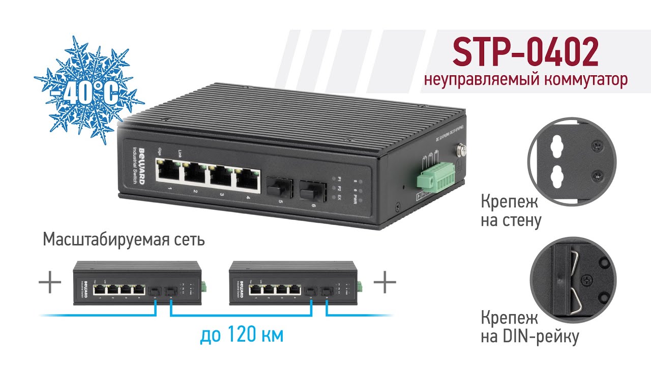 BEWARD STP-0402: промышленный коммутатор, 4 порта 1 Гбит/с RJ-45, 2 SFP-порта 1 Гбит/с, от -40°С