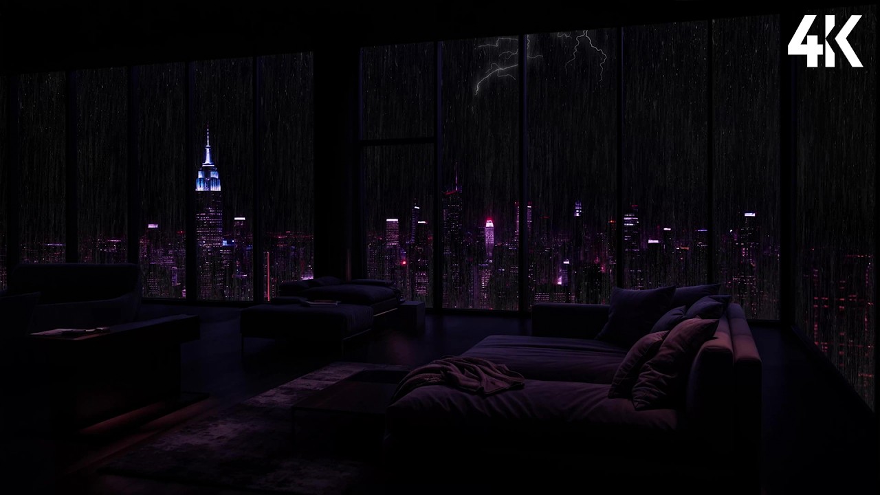 Rainy Night in a Luxury Penthouse | NYC Skyline Rain Sounds & Thunder for Deep Sleep | Sleep Well