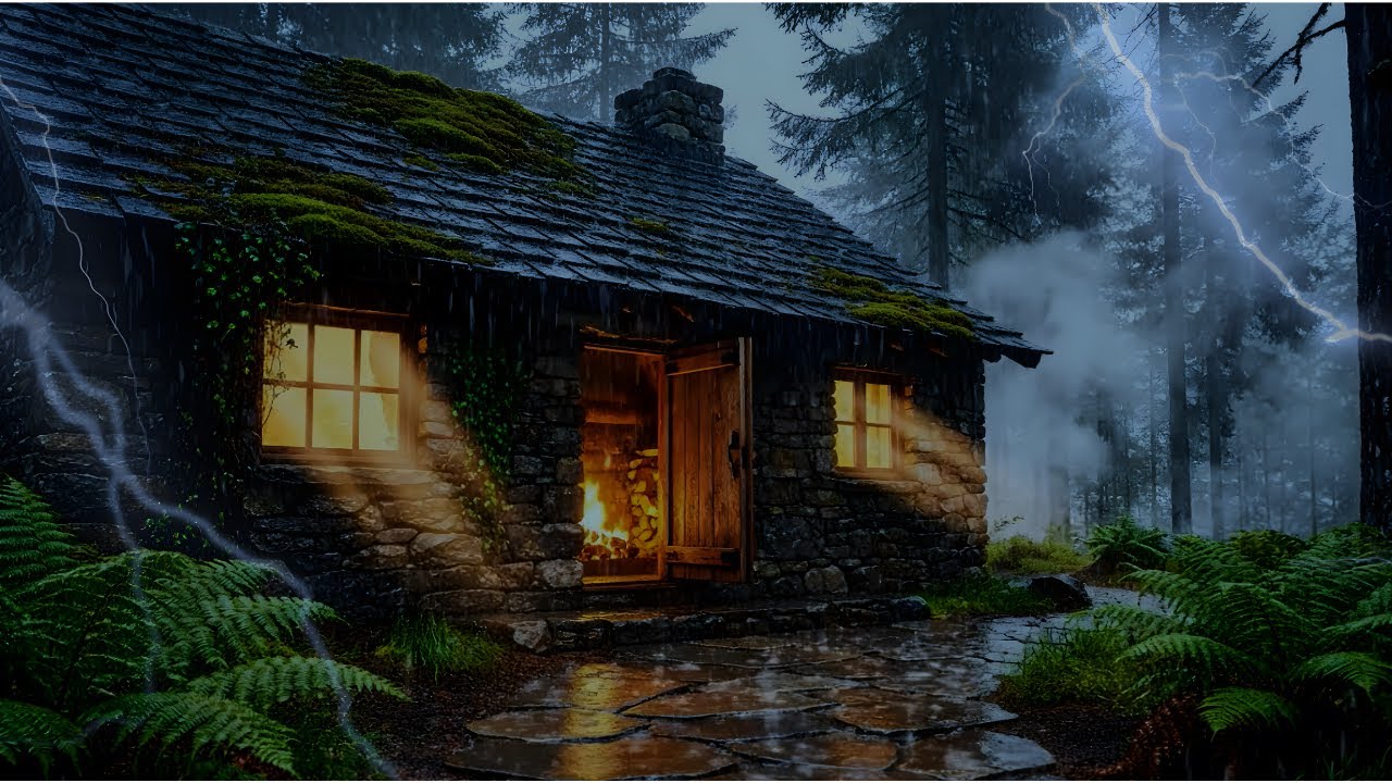 Distant Thunder & Rain In Cozy Cabin Ambience🌧️Fireplace Sounds & Soft ...