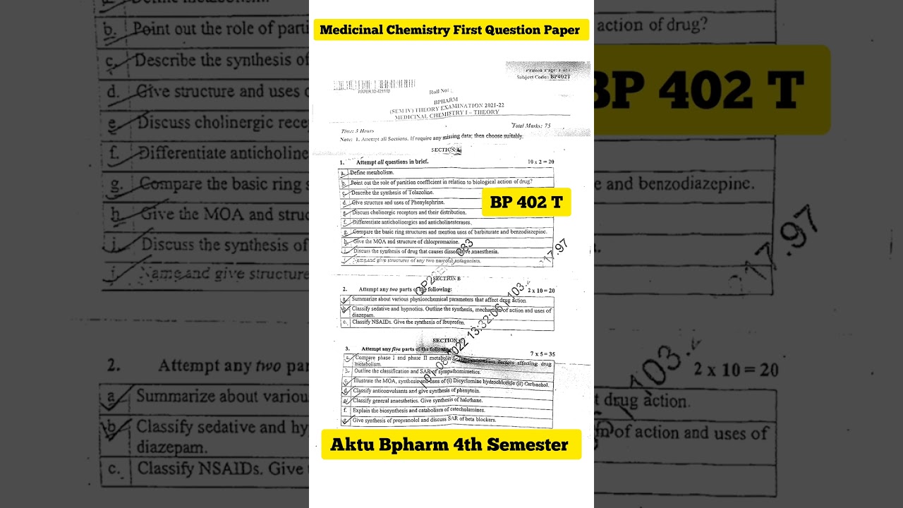 Medicinal Chemistry First Question Paper | Aktu Bpharm 4th Semester | 