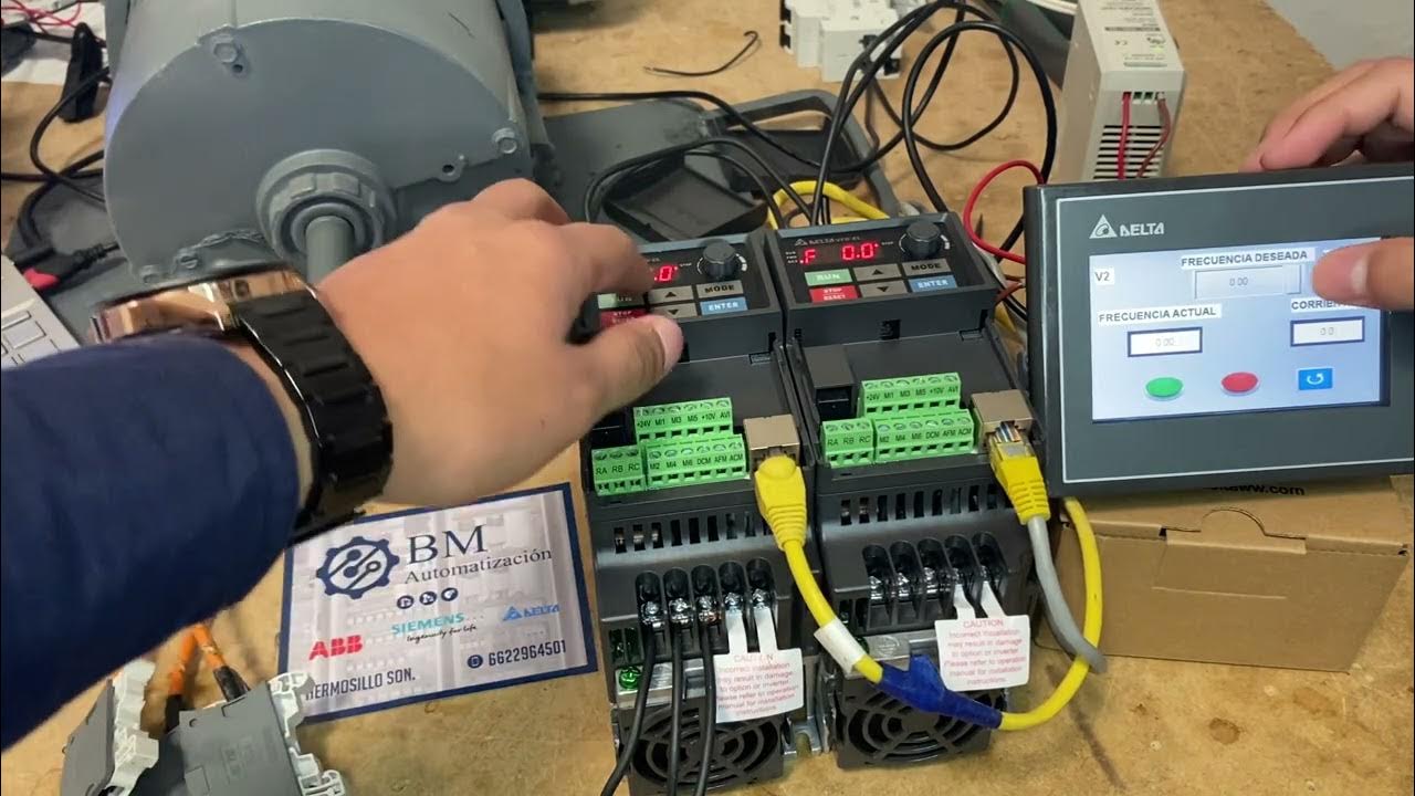 Hmi delta conectado por modbus rs485 a 2 vfd - YouTube