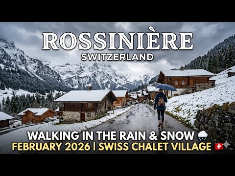 Urban Walking 4K sets its walk through Rossinière in rain and snow, showing the village under different weather rather than presenting a polished summer-only postcard. That seasonal atmosphere can help a viewer imagine how the timber streets feel, but a recorded walk cannot report current road, trail or rail conditions. Check local notices and the MOB timetable before travelling.