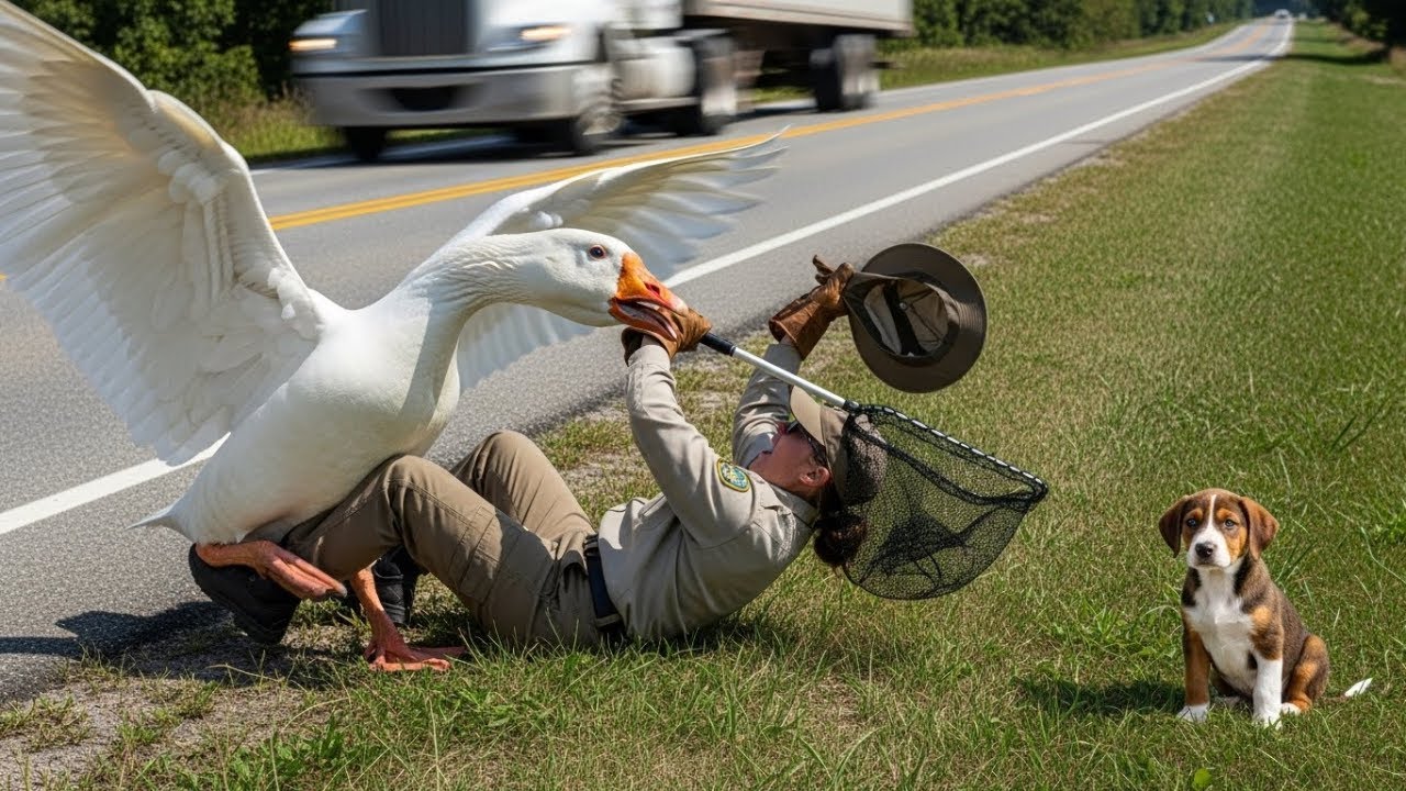 This goose attacked everyone until they realized it was guarding a puppy
