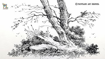 How to draw Beautiful Ink Pen Landscape Drawing | Tree & Rock Scenery Sketch | Pen Art Tutorial