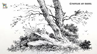 How To Draw Beautiful Ink Pen Landscape Drawing Tree Rock Scenery Sketch Pen Art Tutorial