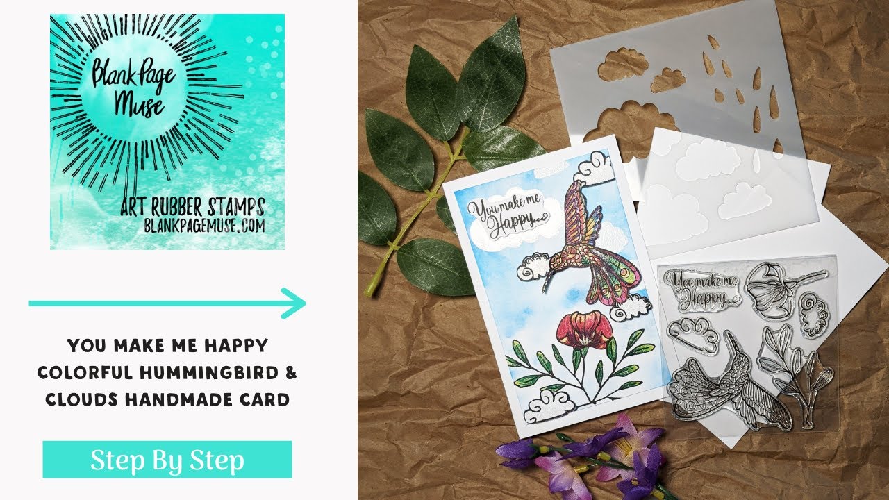 You make me Happy Colorful Hummingbird & Clouds Handmade Card - Project Kit