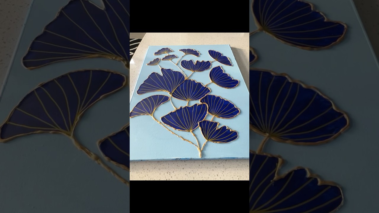 💙 Hand-Painted Canvas Art – Elegant Blue & Gold Leaves ✨ 