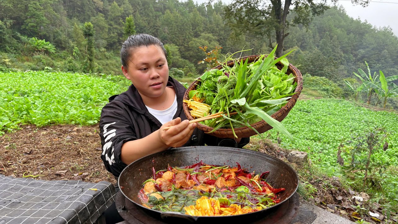 今天摘了很多新鲜蔬菜做个美味的火锅 Pick some vegetables and make a delicious hot pot