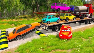 Flatbed Trailer Cars Transporatation with - Pothole vs Car - BeamNG.Drive #4