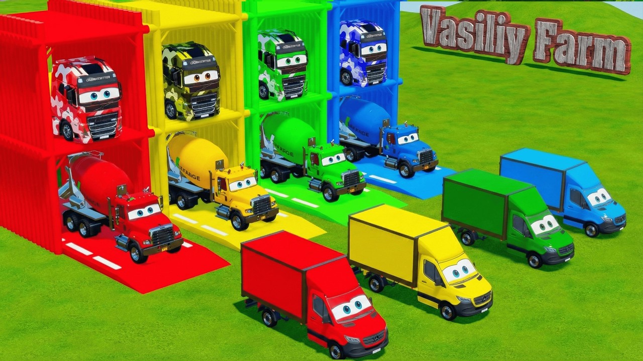 Garage with Colors - ALL MIXER TRUCK WITH DOUBLE FLATBED TRAILER TRUCK, KENWORTH, MAN - FS22