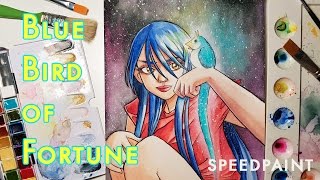 The Blue Bird of Fortune - watercolor speedpaint