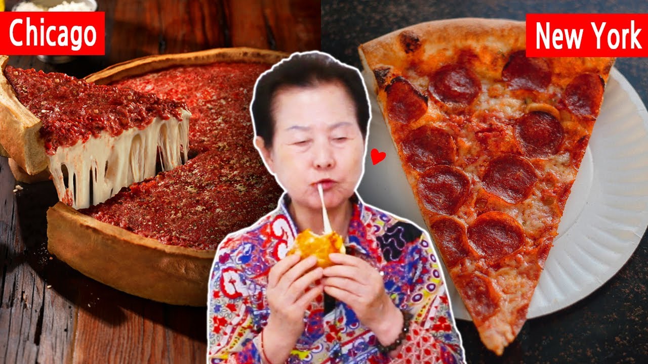 Korean Grandma Tries AMERICAN PIZZA for the first time (Chicago vs NY)