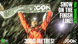 Snow on top of the mountain top finish line of ICON Livigno Xtreme Triathlon, Italy.