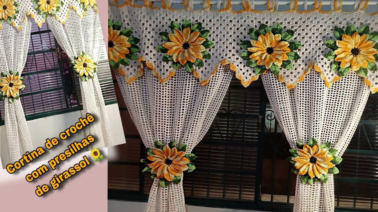 Cortina de crochê com presilhas de girassol 🌻 ❤️