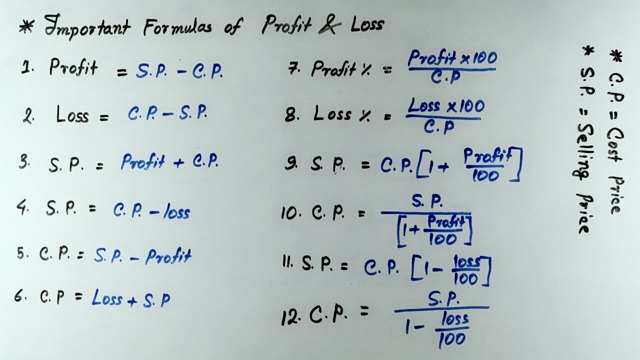 Profit Loss Profit And Loss Important Formulas Youtube