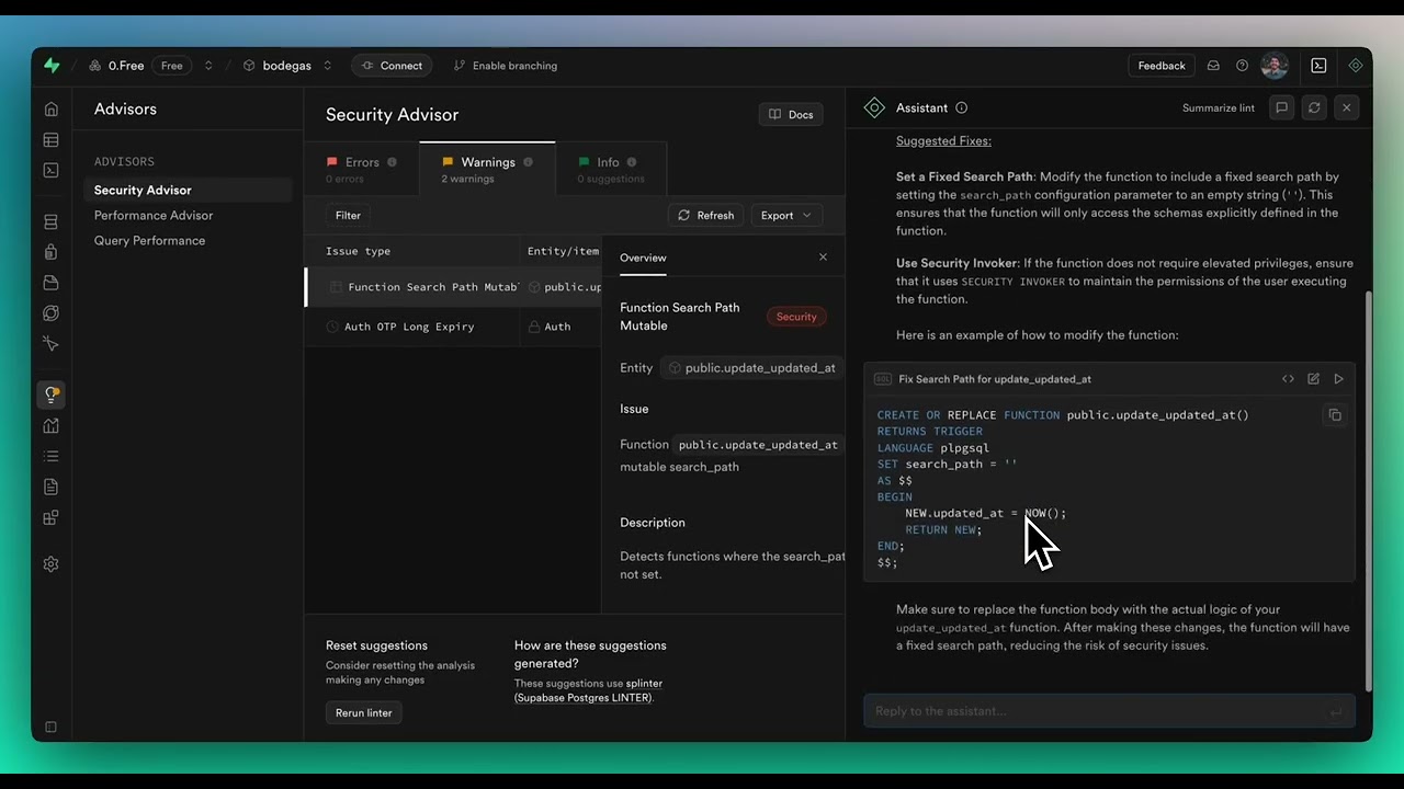 Use AI directly from Supabase Security Advisor