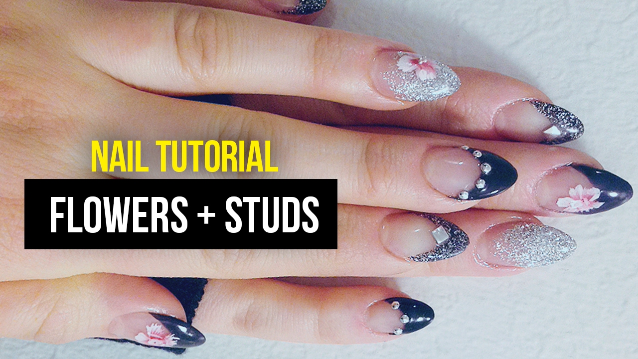 Nail art tutorial one stroke flowers & studs YouTube