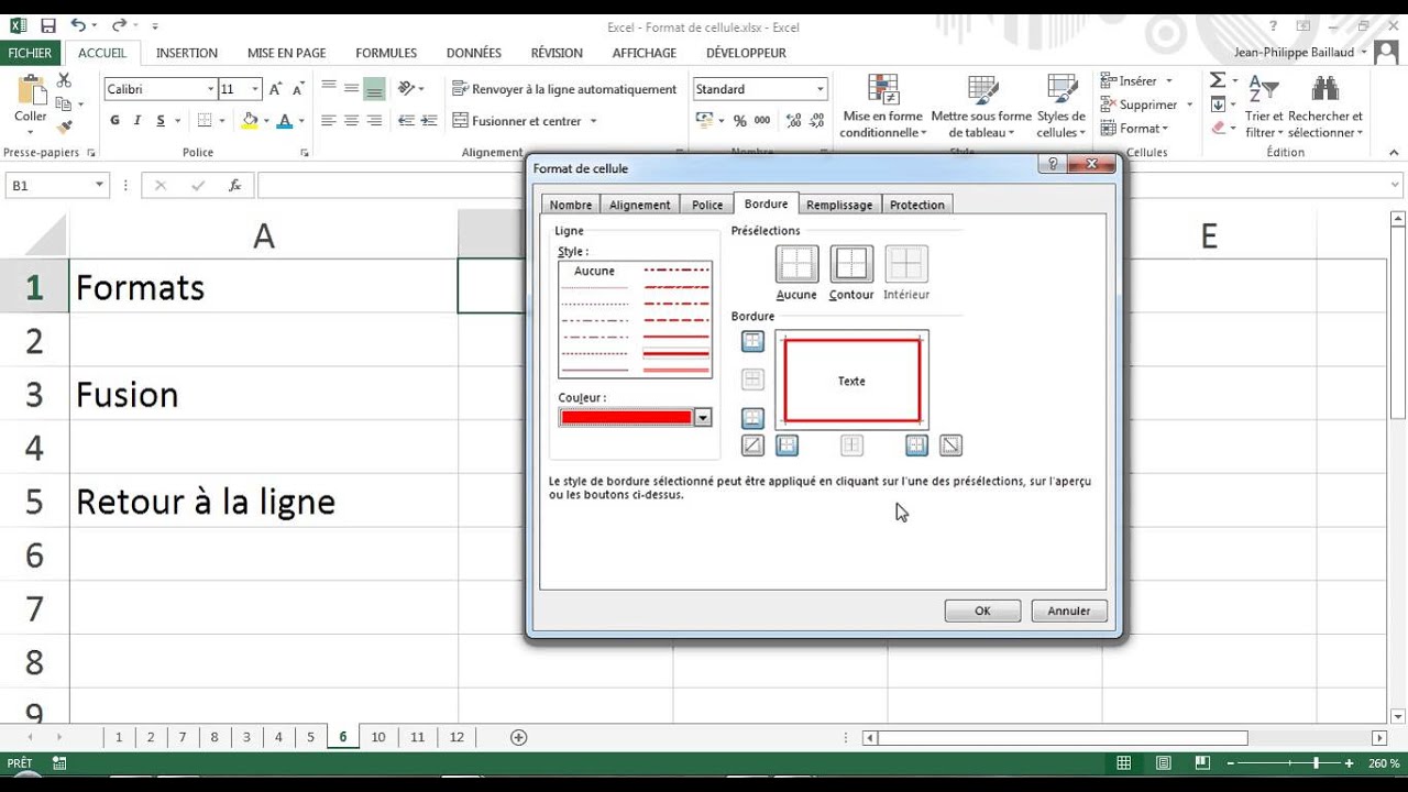 faire des tirets sur excel