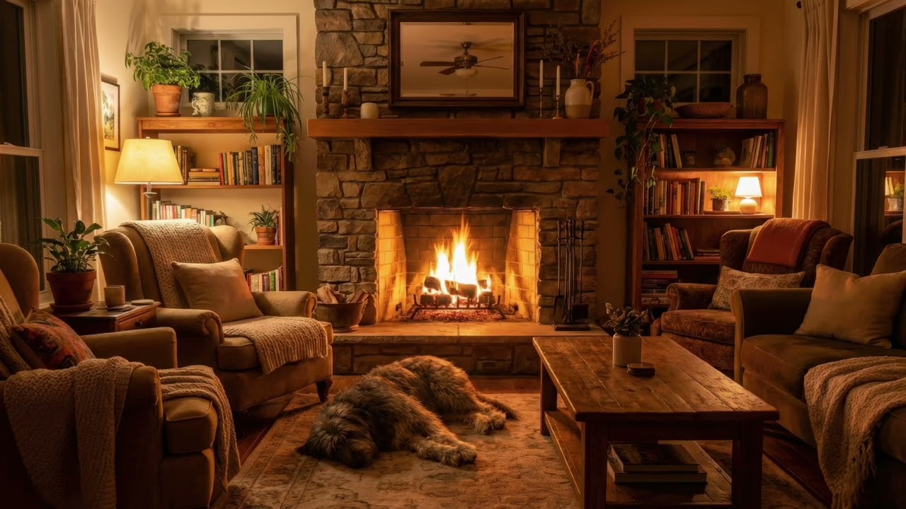 [cozy rain and thunderstorm] in fire lit living room with a cute dog 🍁🍂