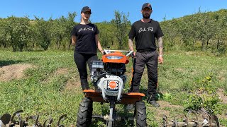 My girlfriend working for the first time with Stihl MH 700 power tiller.( Motosapa Stihl.)