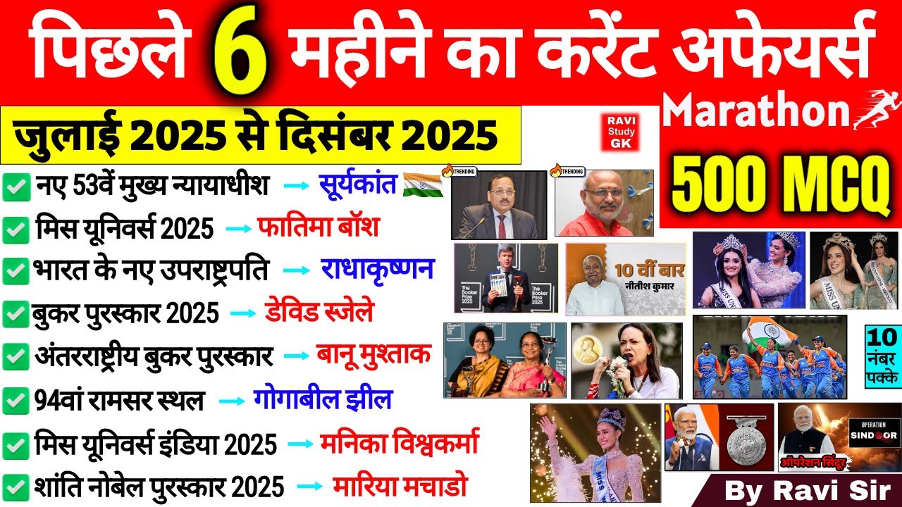 Last 6 Months Current Affairs 2025 | Top 500 MCQ | January to Dec 2025 ...