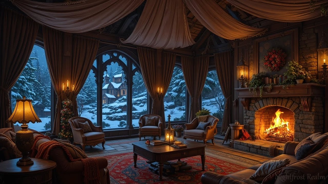 Snowy Medieval Manor Fireplace❄️ | Relaxing Fire, Falling Snow & Candle Glow | 8 HOURS