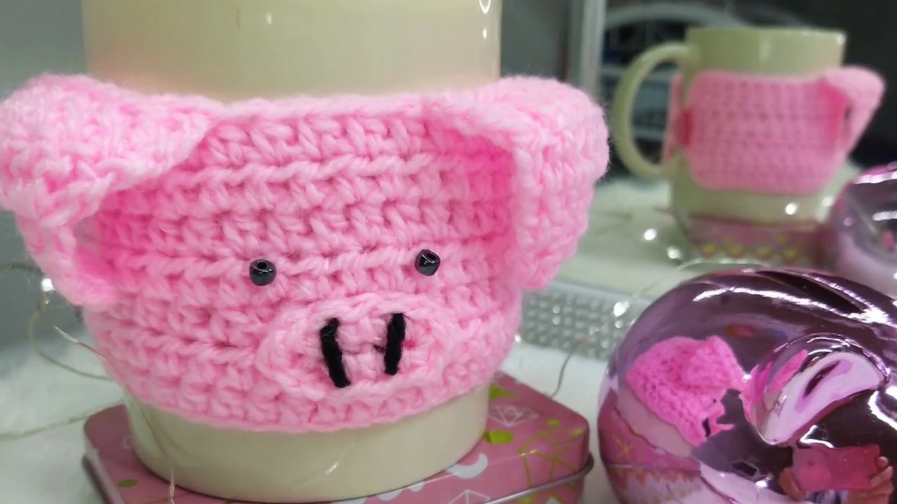 Funda para taza de cerdito tejida a crochet
