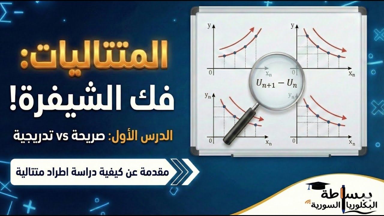 الدرس الأول رياضيات بكالوريا سوريا 2026 | المتتاليات وطرق دراسة الاطراد (الفرق والنسبة والتابع)