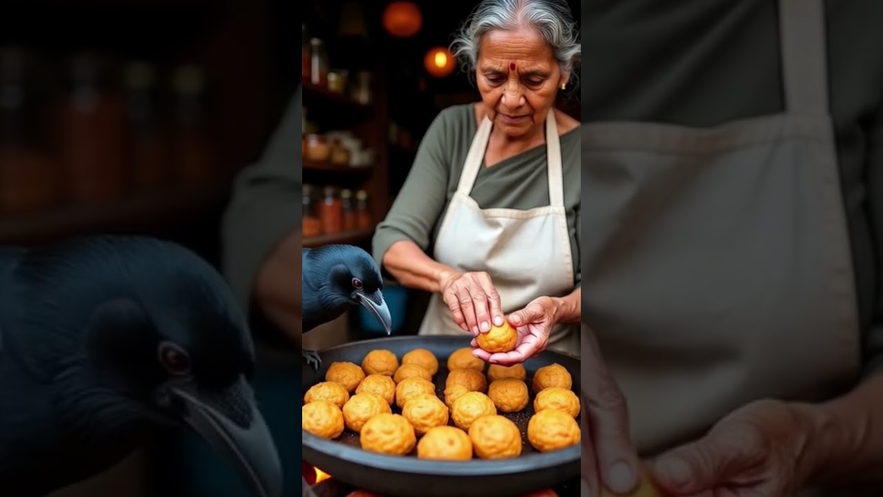 Grandma cooking vada and crow ready to theft