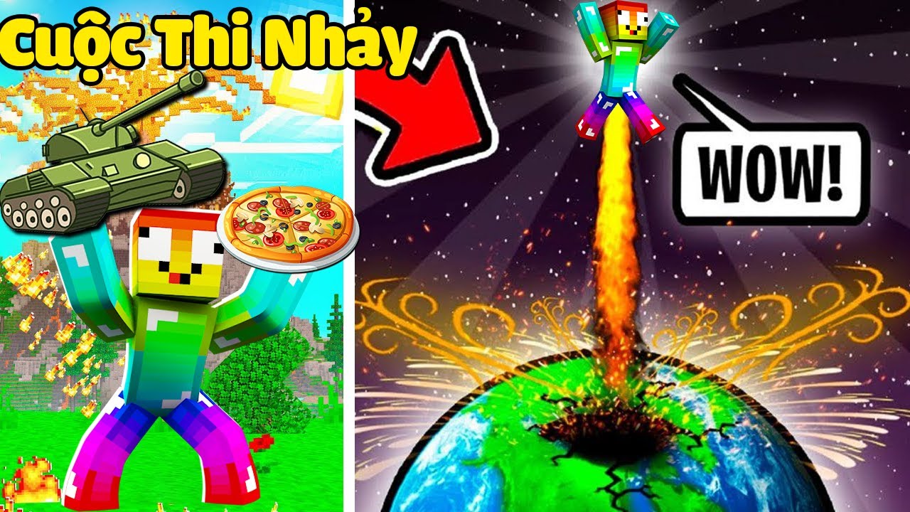 MINI GAME : CUỘC THI NHẢY XA NHẤT ** NOOB NHẤC XE TĂNG NHẢY HẾT THẾ GIỚI MINECRAFT ??