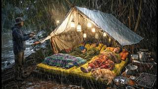 CAMPING IN HEAVY RAIN AND THUNDERSTORM // Struggling to build a fishing shelter, shrimp, fish