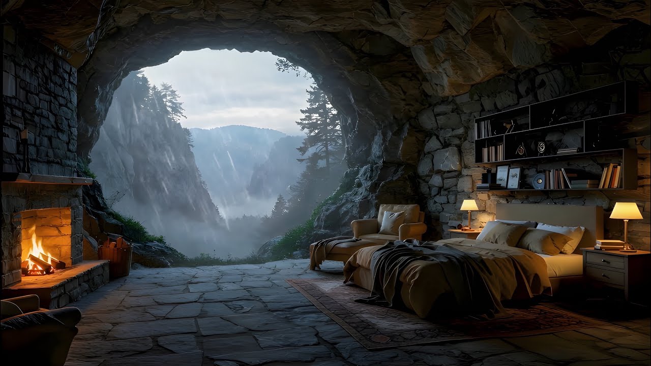 Cozy Cave | Heavy Rain Sounds for Sleeping & Fireplace Sounds | Sleep ...