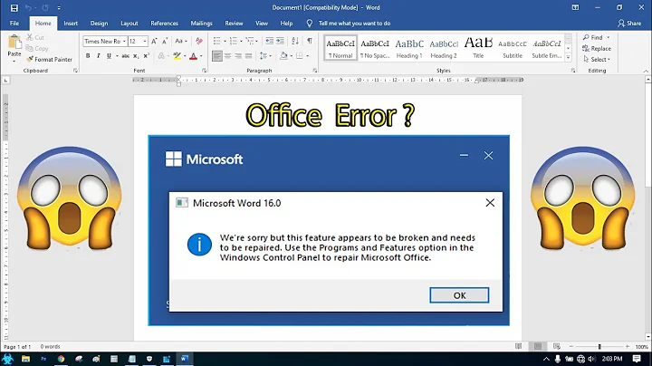 Error We're sorry but this feature appears to be broken and needs to be repaired  Microsoft Office