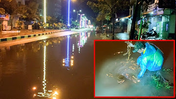 Supper Clogged! Unclogged Culvert Drain Flood Rain Water On Street Road After Heavy Rain
